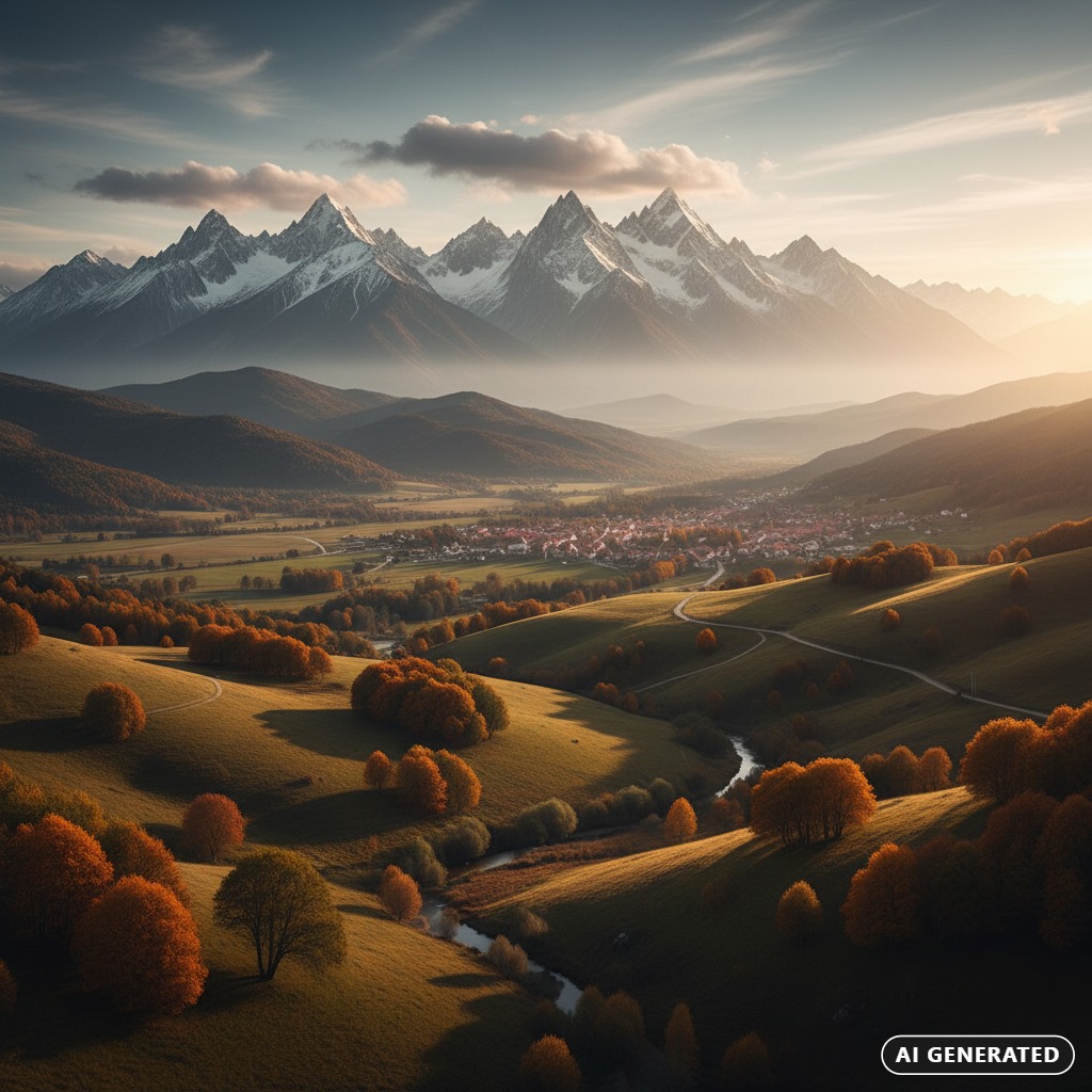 AI Generated: A small village nestled in a valley surrounded by rolling hills with autumn trees and snow-capped mountains in the distance at sunset.